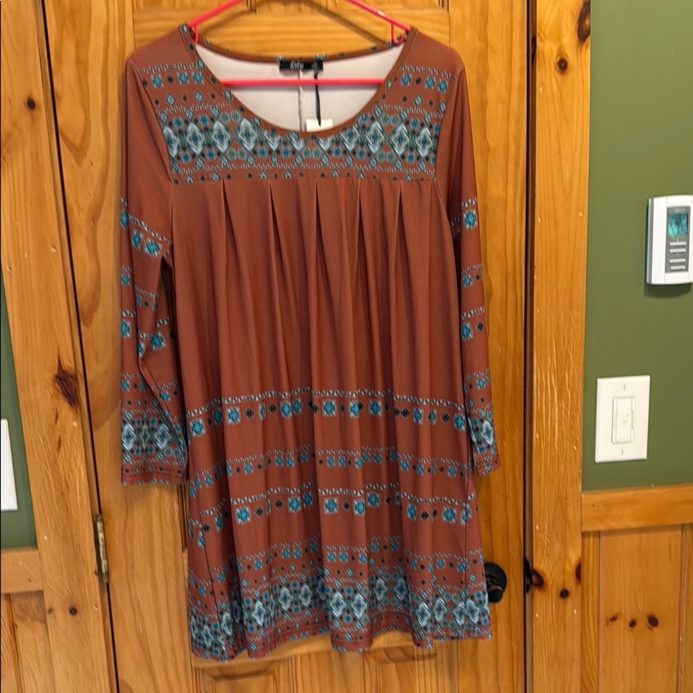 NWT Lily by Firmiana Rust and Teal Bohemian Style Dress, Size Med